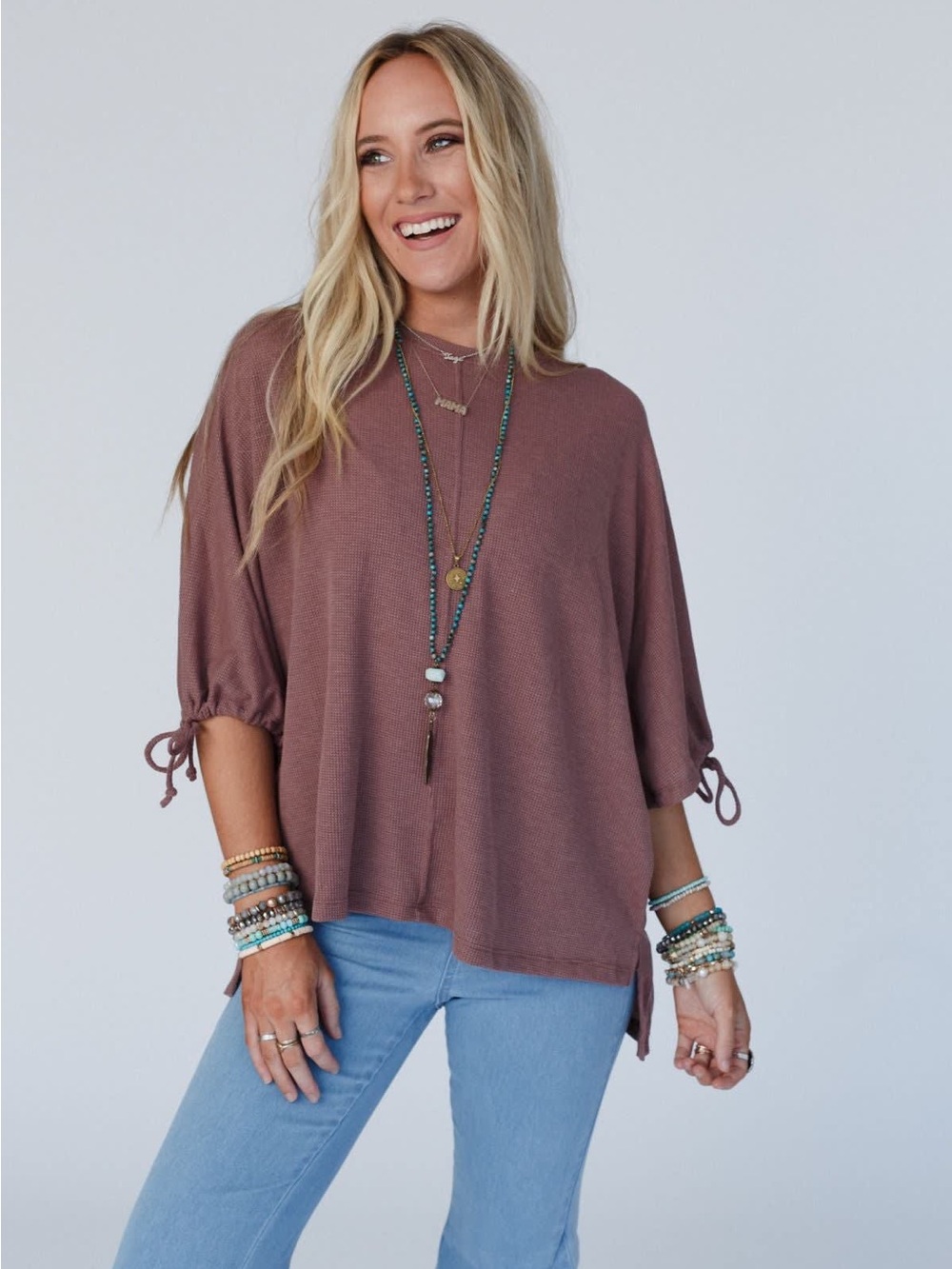 Three Bird Nest The Nest Little Lark Puff Sleeve Tee Mulberry Waffle Knit Large